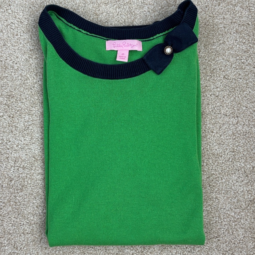 Lilly Pulitzer Green and Navy Knit Silk & Cotton Short Sleeve Sweater Size M